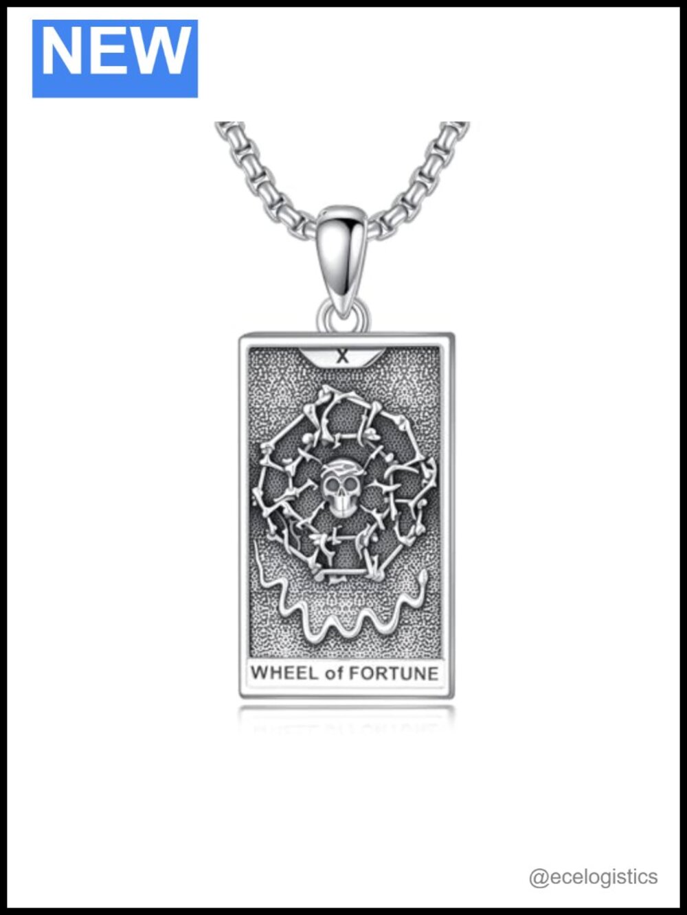 Wheel of Fortune Tarot Card Necklace 925 Sterling Silver Skull Pendant Unisex